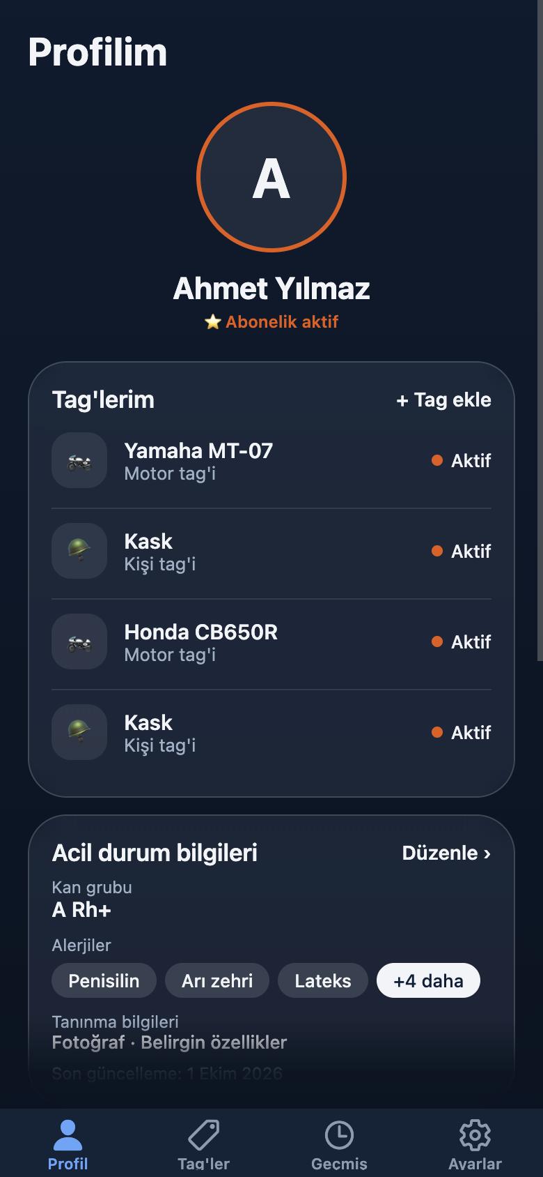RiderScan uygulamasında profil ekranı