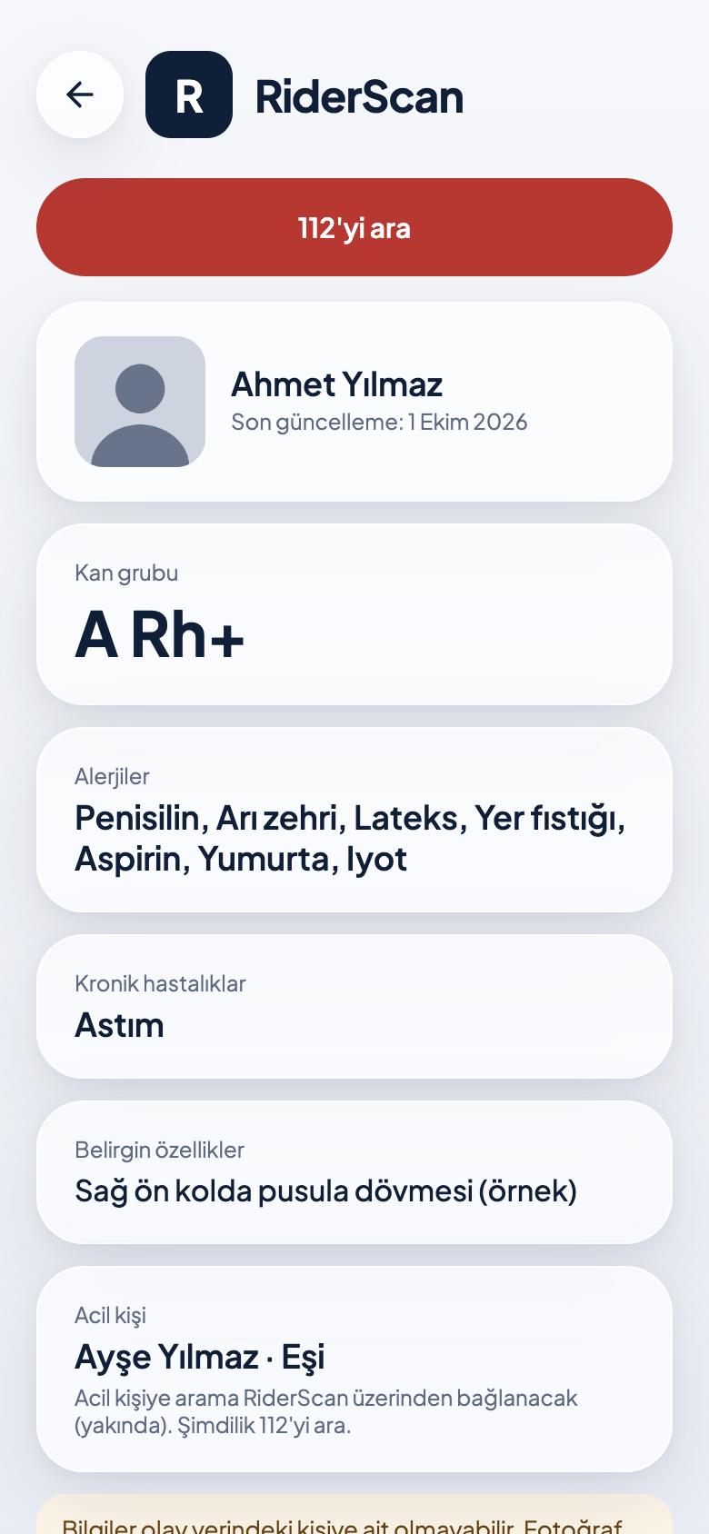 Acil durum bilgileri ekranı
