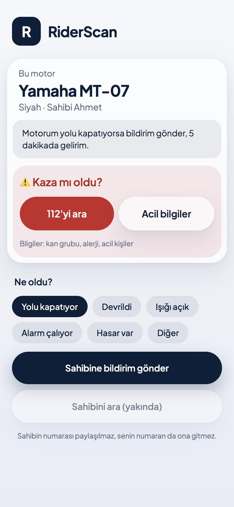 Tag tarandığında açılan RiderScan sayfası
